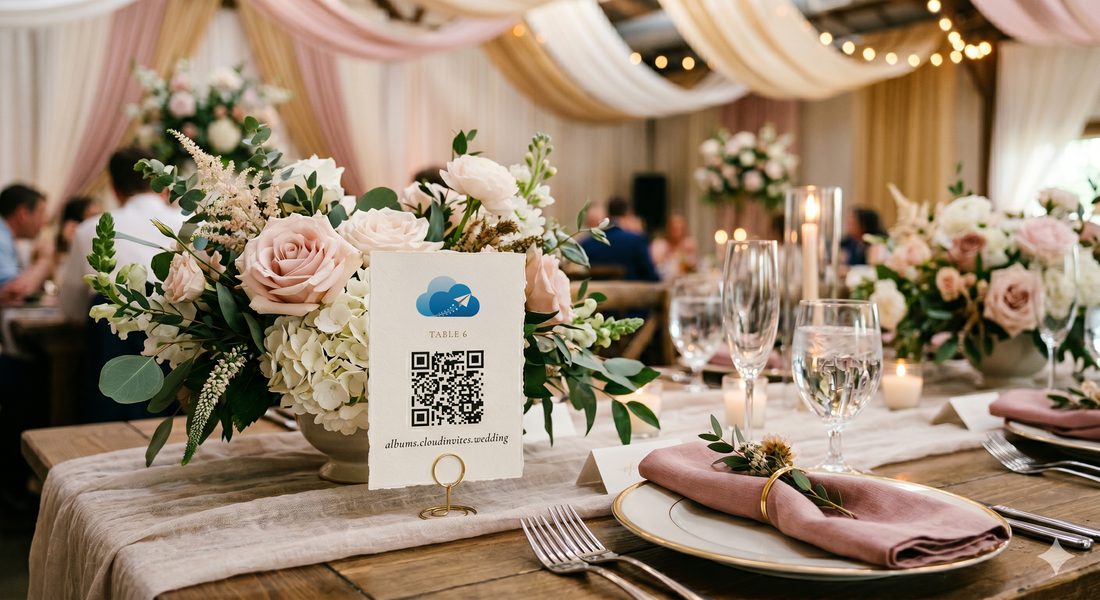 A wedding table with a CloudAlbum QR placecard